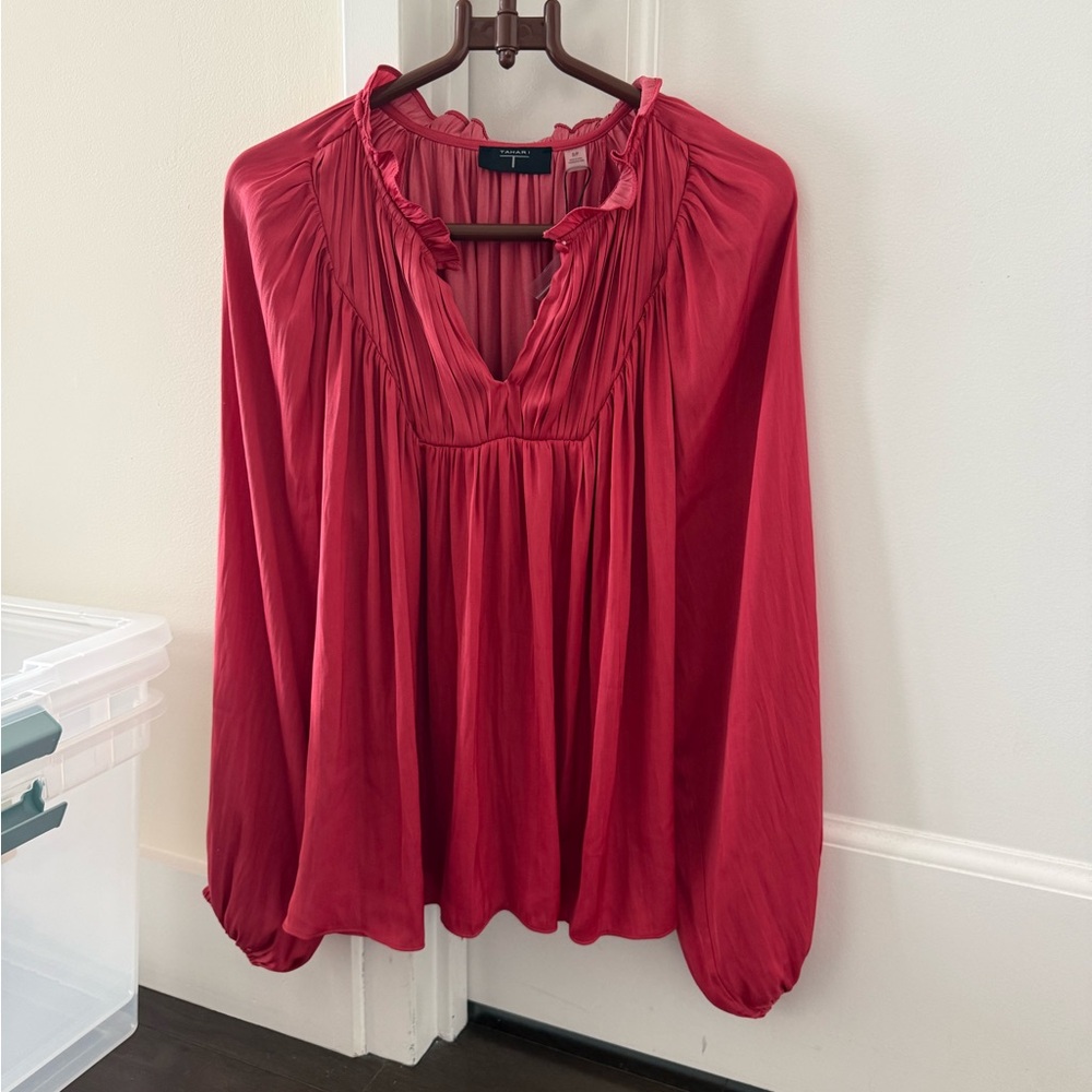 NWT Tahari Red Blouse - Elegant V-Neck Top (S)